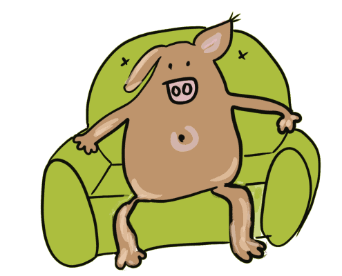 Zeichnung eines Schweinehunds, der breit auf dem Sofa sitzt