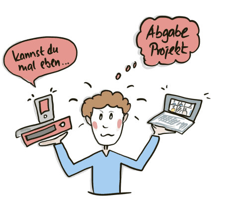 Ein mann jongliert Ordner, Handy in der einen und einen Laptop in der anderen Hand hat noch Stress wegen einer Projektabgabe