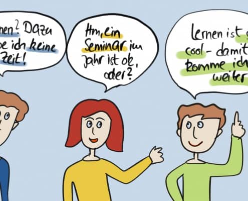 Drei Figuren, die Fragen zu Lernkultur stellen, von skeptisch bis positiv
