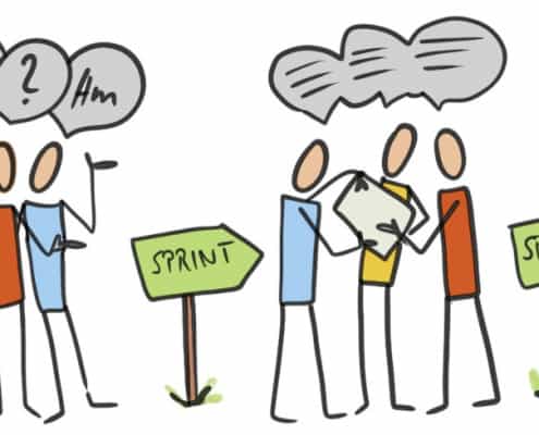 Strichfiguren, die Lernen im Austausch und mit Sprints darstellen