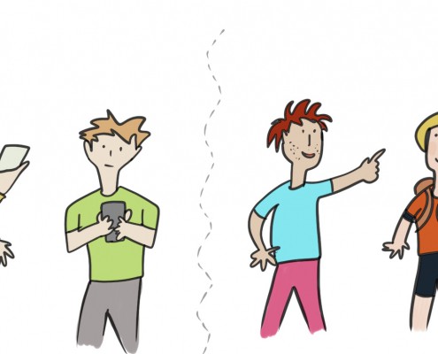 Zeichnung von Personen, die Wartezeiten mit Handy füllen oder stattdessen ins Gespräch kommen