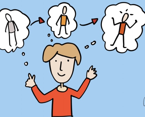 Zeichnung einer Person, die unterschiedlich über sich denkt